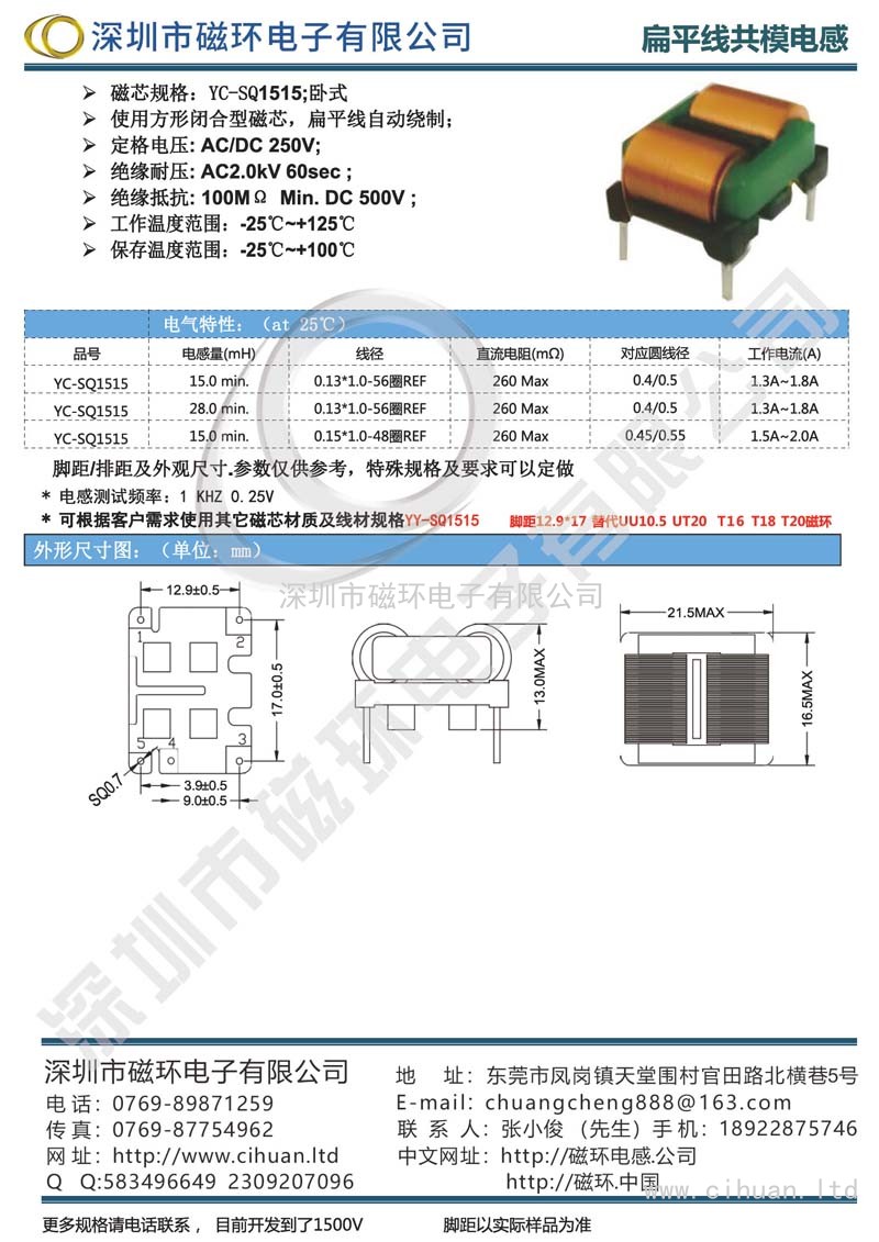YC-SQ1515臥式扁平線(xiàn)共模電感
